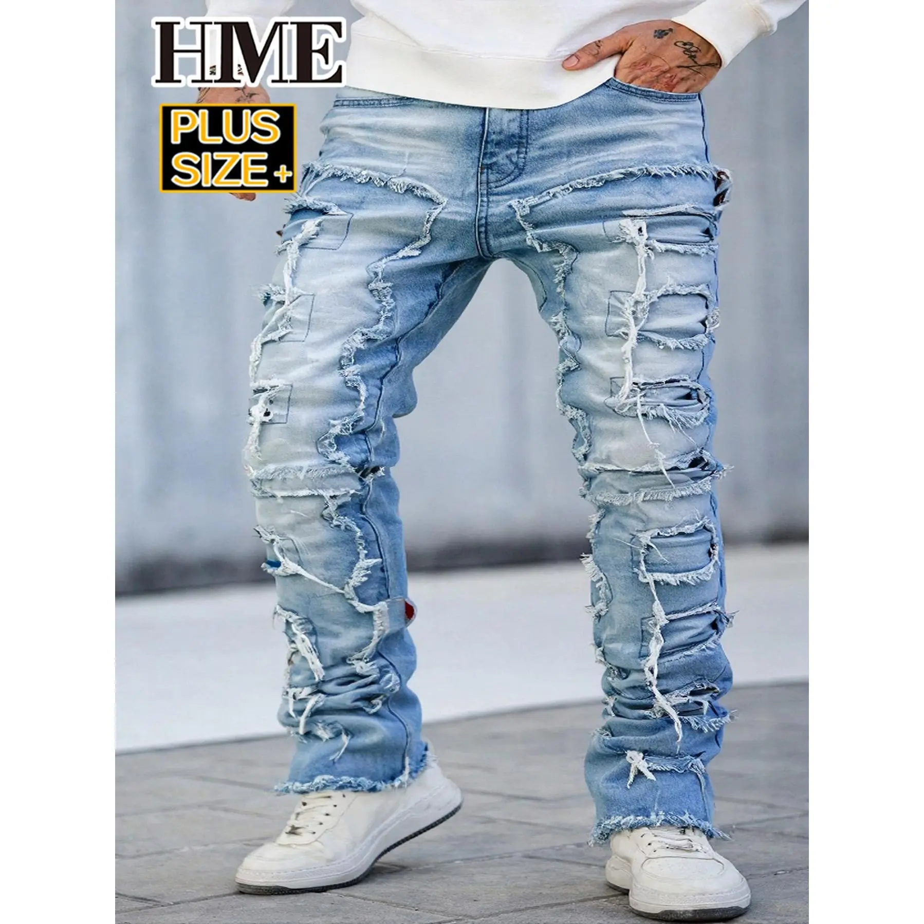 Big & Tall Men's Patchwork Frayed Jeans Cotton Blend Stretch Light Blue Stacked Denim Streetwear Pants