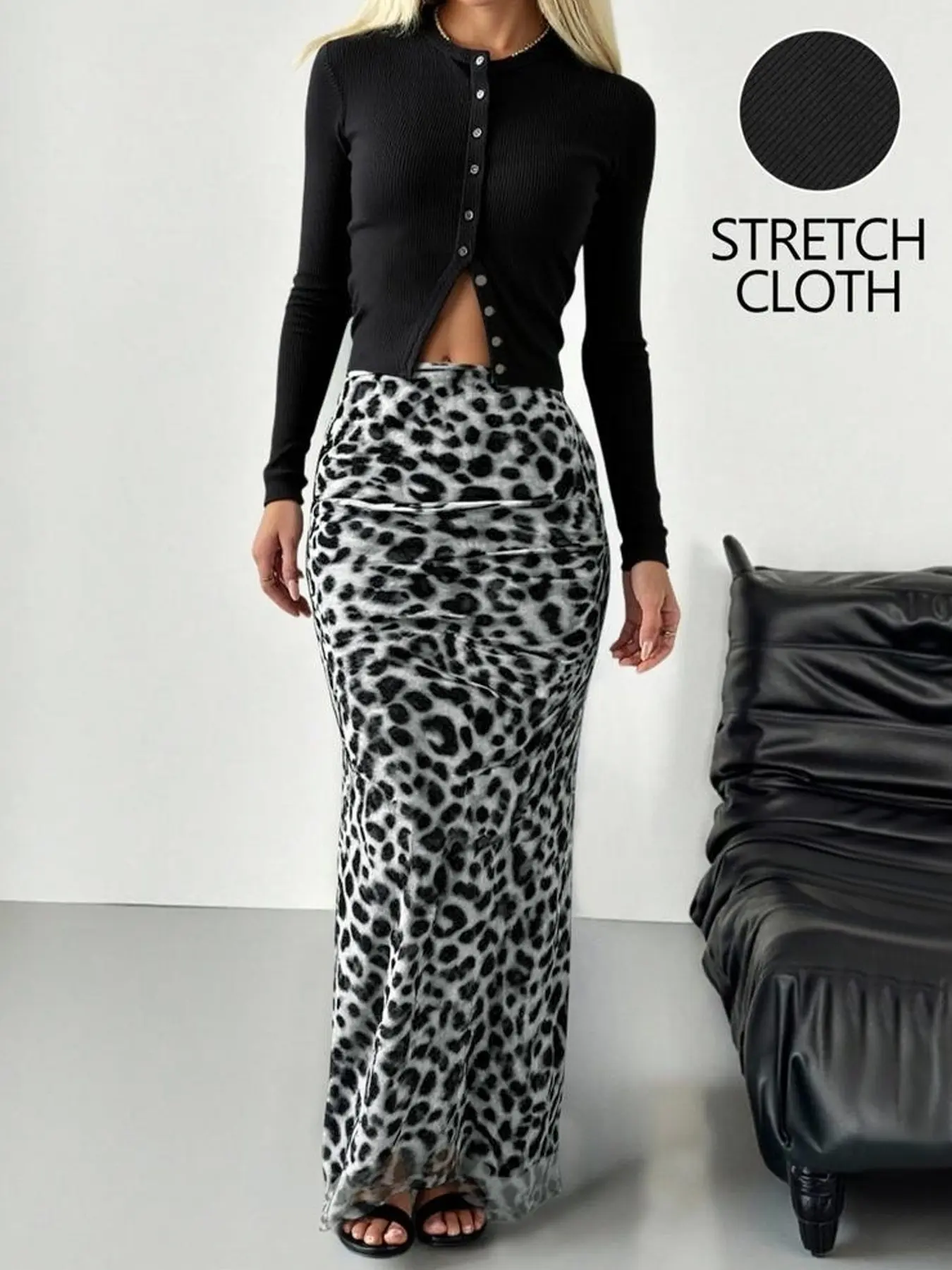2 Piece Women Crew Neck Ribbed Long Sleeve Button Crop Button-Front Cropped Top & Leopard Print Side Ruched Mermaid Maxi Skirt Matching Two Piece Co Ord Outfit Clothes