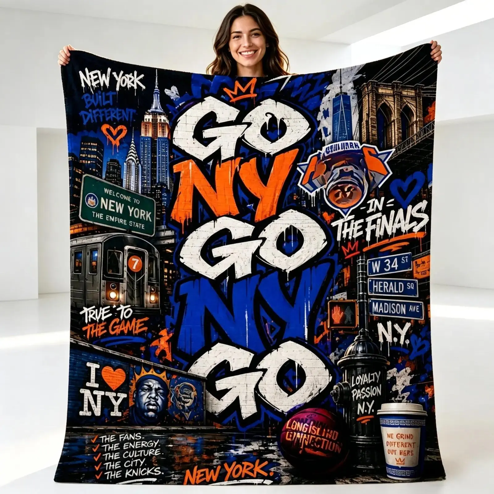 Go NY Basketball Flannel Throw Blanket, Blue Orange Tiger Cartoon Ultra Soft Fleece Air Condition Blanket for Kids Adults, Matches cooling blankets pillows couch cover for sofa bedding set comforter set, Sports Fan Game Room Home Decor Gift