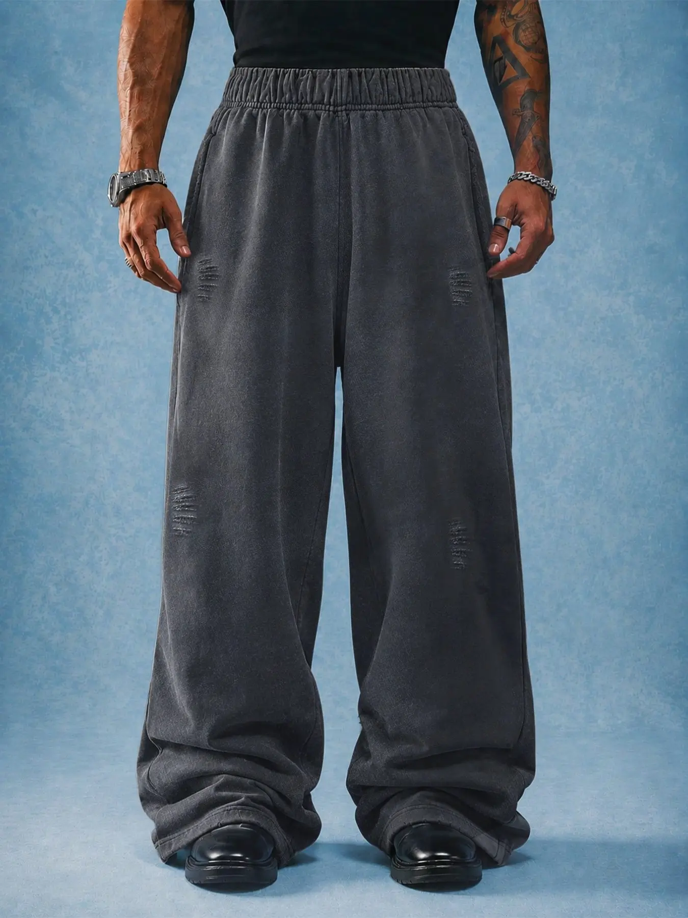 Unisex Acid Wash Distressed Look Wide Leg Baggy Sweatpants | Vintage Menswear Oversized Streetwear Elastic Waist Track Pants for Skate Daily Casual Comfy Loose Wear
