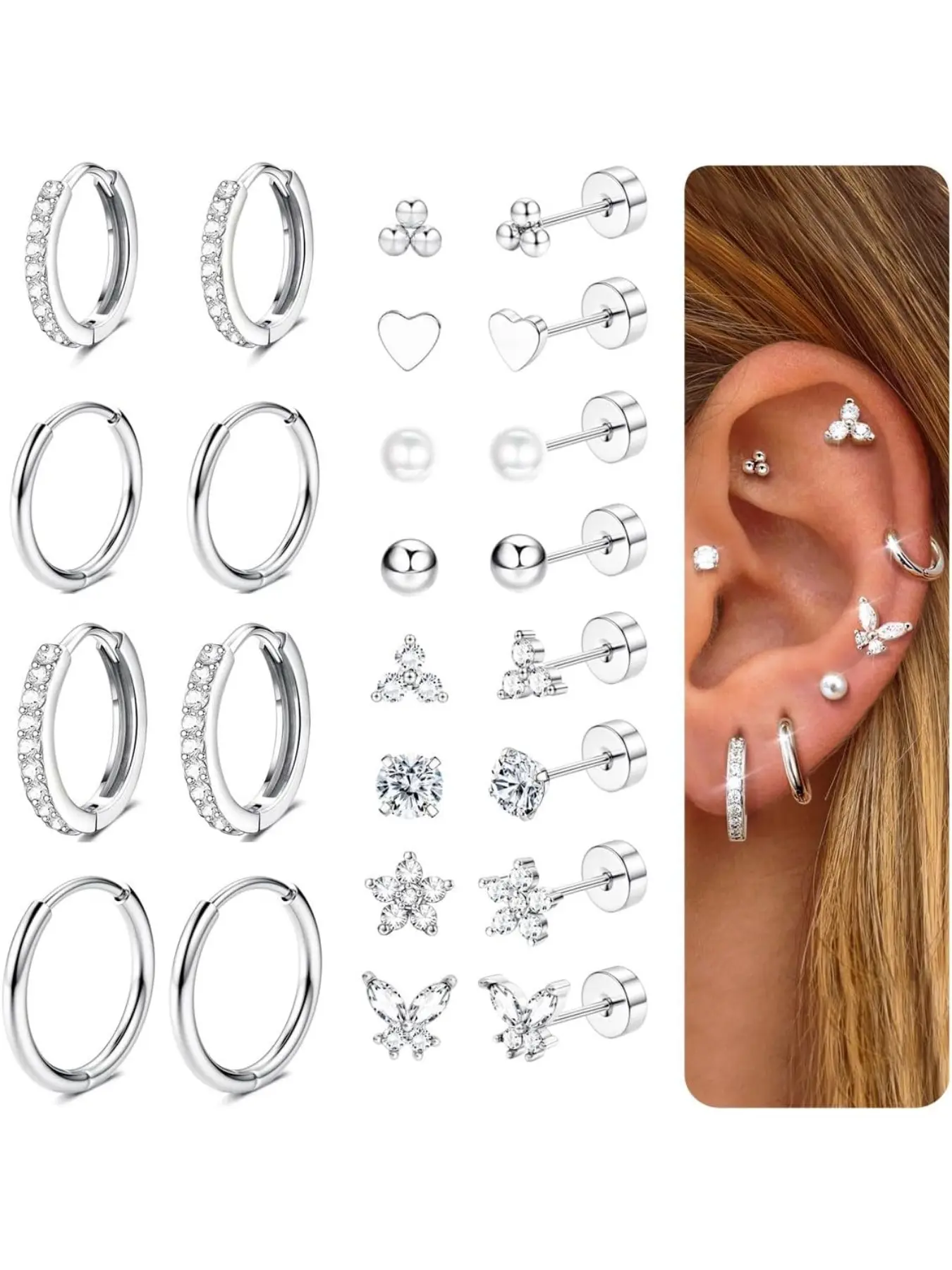 12Pairs Flat Back Earrings for Women Men Hypoallergenic Surgical Steel Earrings for Sensitive Ears 14K Gold Hoop Stud Sleeper Earrings Flatback Cartilage Tragus Helix Piercing Earrings Earring Hoops