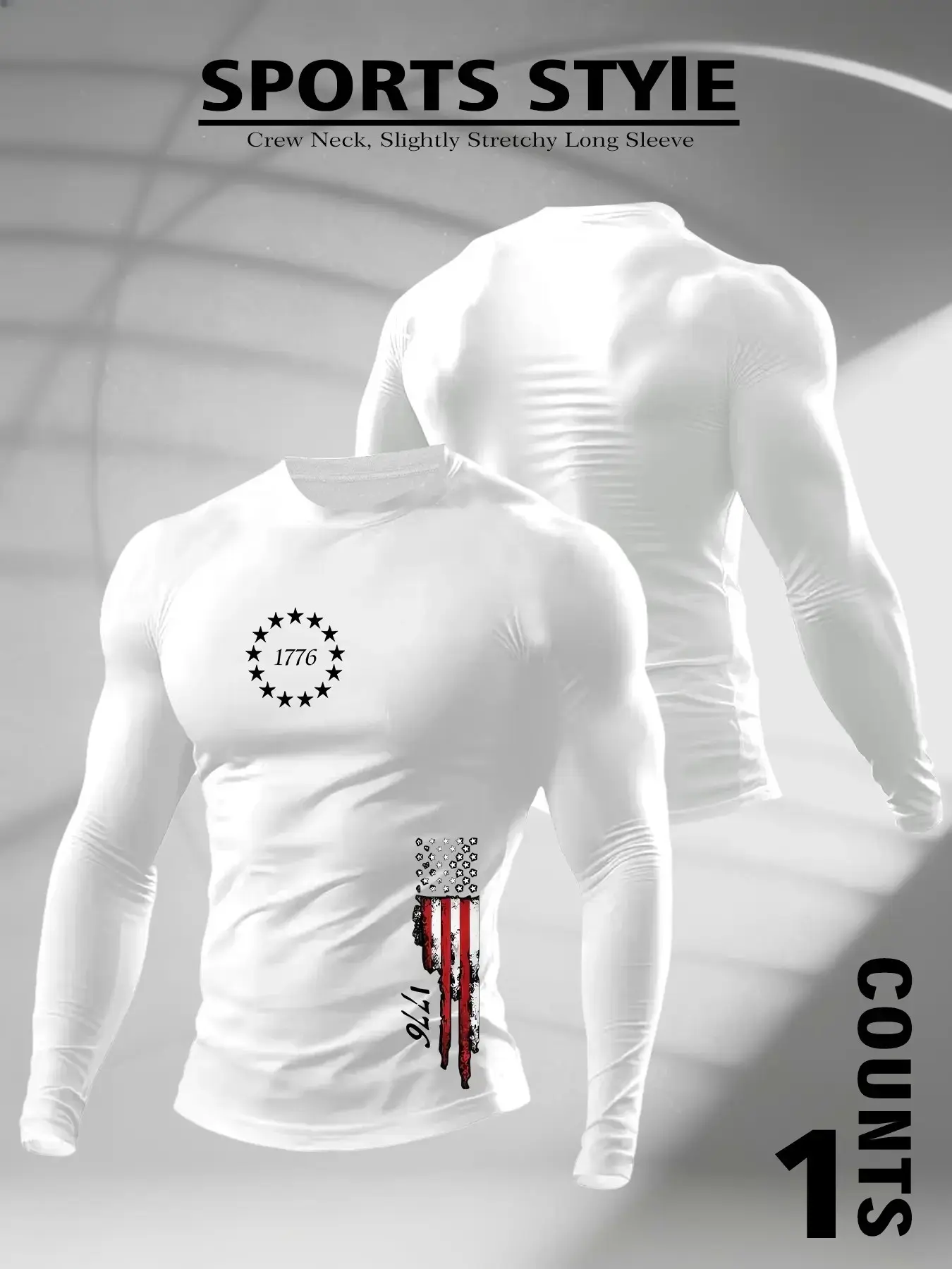 Men's 1776 Freedom Betsy Ross Flag Gun Graphic Compression Long Sleeve Shirt 4-Way Stretch Quick Dry Slim Fit Patriotic Athletic Workout Top For Gym Running Motorcycle Independence Day Street Daily Layering Compression Shirts