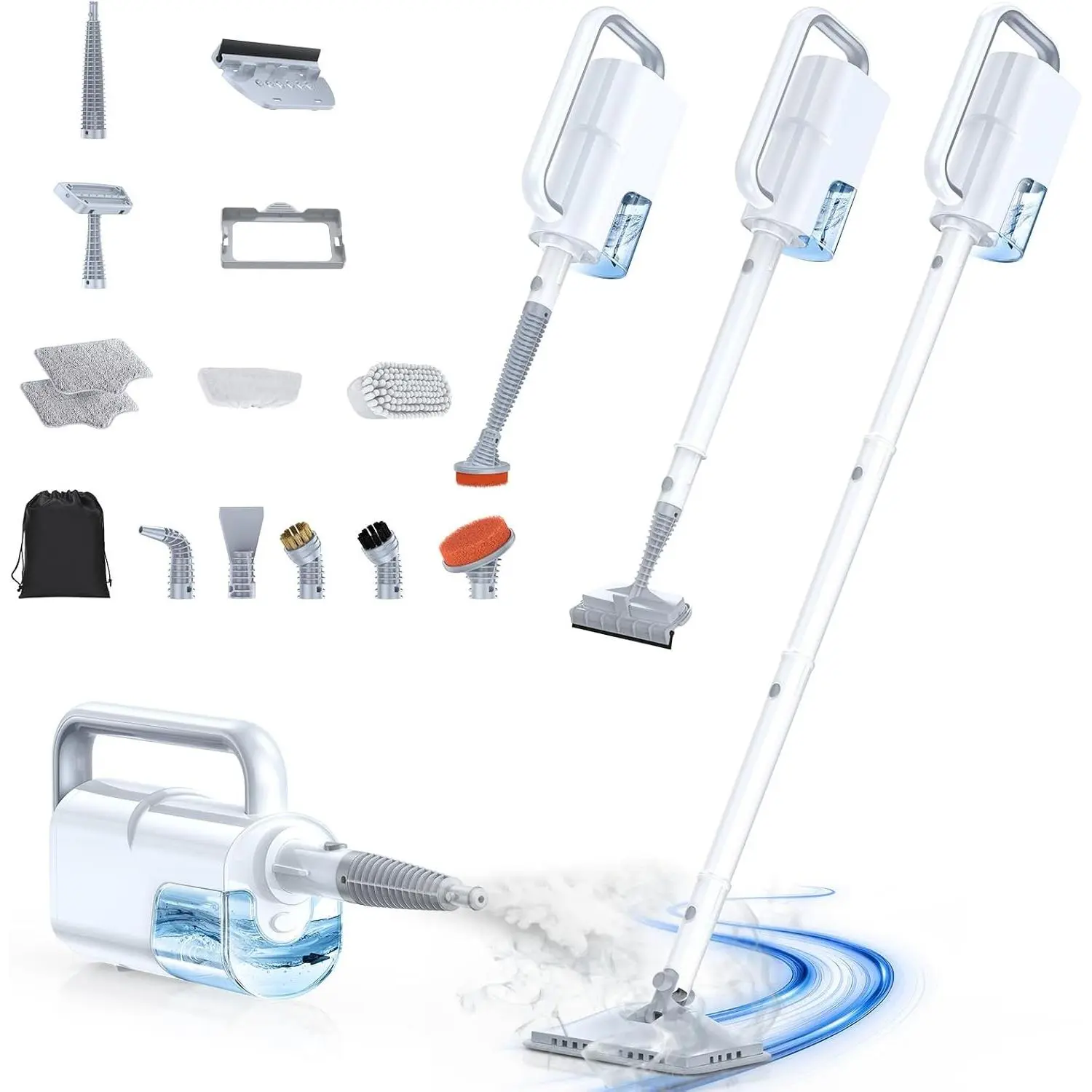 Light White 10-in-1 Steam Mop Set Pack with Detachable Handheld Steam Cleaner, Multi-Accessories, 10s Quick Heat, 350ml Tank, 2-Level Steamer for Floor Cleaning, Indoor/Outdoor Carpet, BBQ Grill, Tile Grout