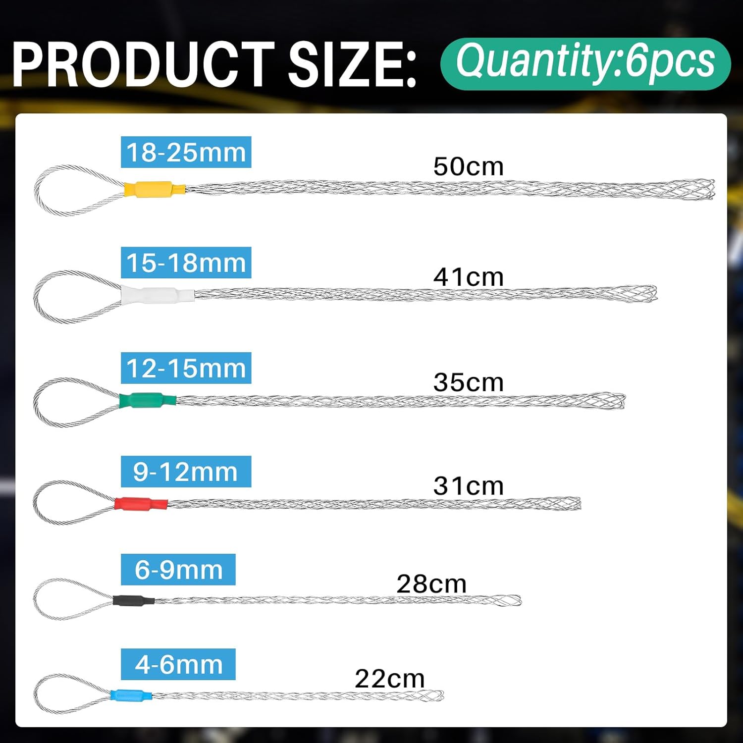 6 count  Puller Socks 4-25 mm  Pulling Sock Grip Kit Eye Mesh Wire Grip  Puller Wire Mesh  Grip Galvanized Steel Wire Pulling Tools for Light and Heavy Cables