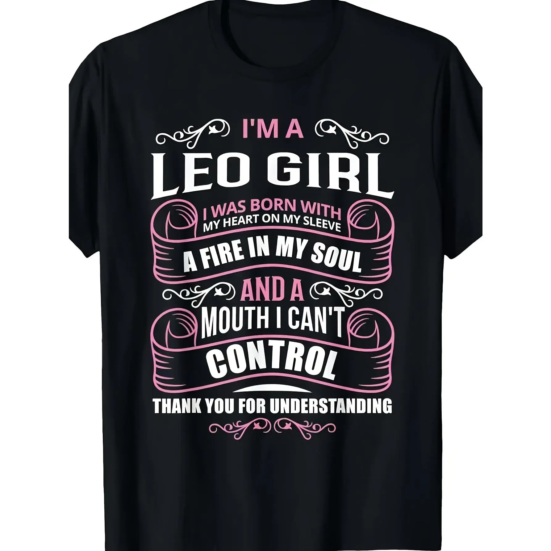 Women's Leo Zodiac Graphic Tee - Bold Leo Girl Saying T-Shirt with Born with a Fire Soul & Sassy Mouth Quote - Black Shirt with Pink Lettering - Casual Everyday Outfit for Leo Women - BirthdayCom, Parties, Beach & Sports, Outdoor Clothing|All-Season good