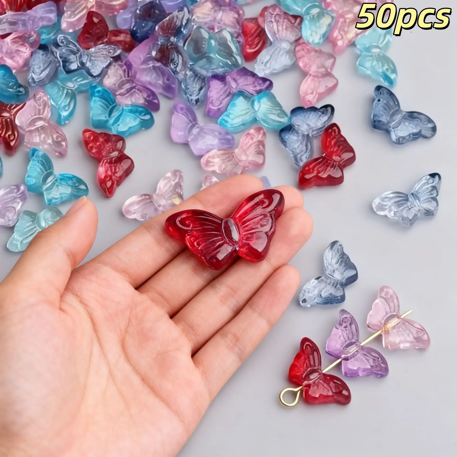 50pcs Gradient Transparent Glass Butterfly Beads, Multicolor Mixed, DIY Jewelry Making, Bracelets, Necklaces, Earrings, Keychains