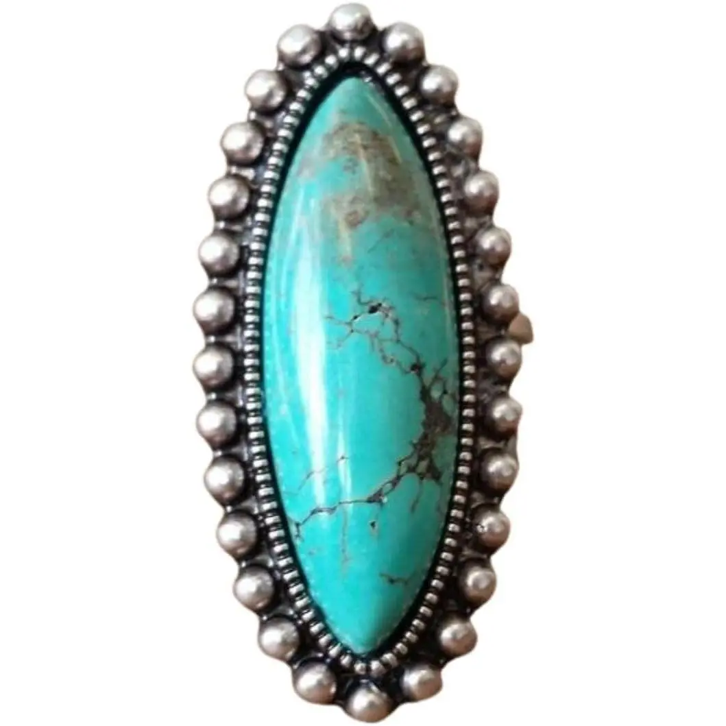 Women's Vintage Bohemian Ethnic Statement Knuckle Ring - Adjustable Western Cowgirl Style, Oval Natural Turquoise Stone, Boho Flower Detail, Rings for Women