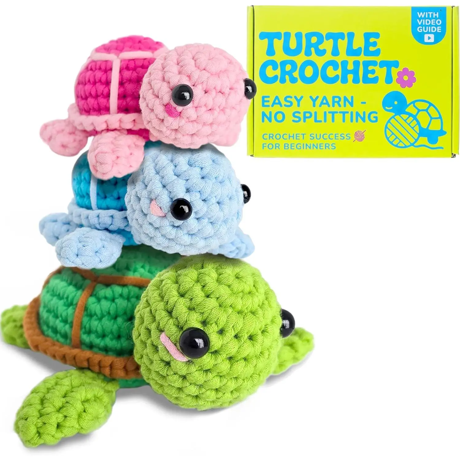 Turtle Crochet Kit for Beginners - DIY Amigurumi  Craft Kit with  Video Tutorials & Easy No-Split Yarn - Complete Starter Set for Adults &  (Ages 13+)