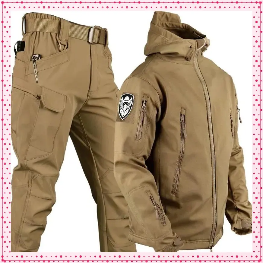 Winter Thicked Men Camo Suit Waterproof Tactical Set Multi-pocket Hooded Jacket Fleece Pants Outdoor -piece