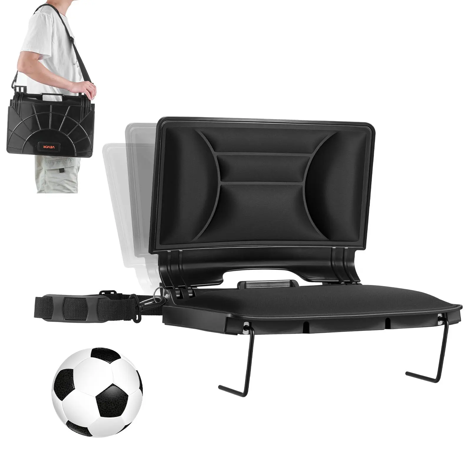 VEVOR 1-Piece Black Foldable Athletic Bleacher Chair, Soft Thick Cushion, Ergonomic Back Support, Stable PP Frame, Lycra Cover, Shoulder Strap, Hooks, Cup Holder, Side Pocket, Easy Setup, Foldable Size for Outdoor Events, Parents, Beach Fun