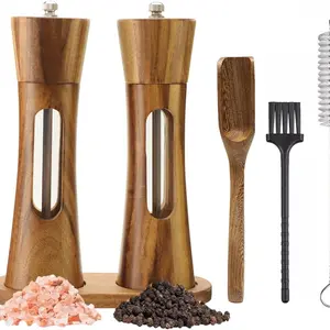 2 Piece Acrylic Wood Salt and Pepper Grinder Set, Solid Golden Acacia Wood Base, Adjustable Ceramic Steel Core, Manual Pepper Mill with Wooden Rack and Spoon