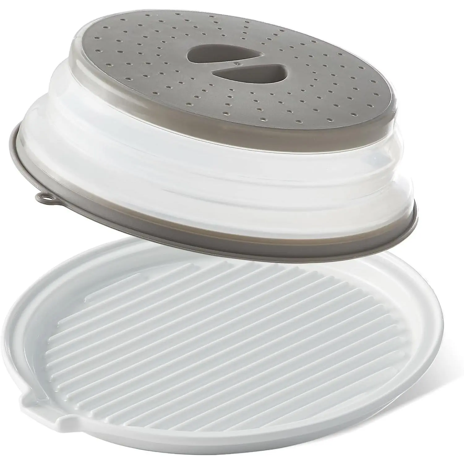 Microwave Bacon Tray with Lid Ceramic Bacon Cooker Meat Rack for Oven Cooking Crispy Bacon Maker with Cover - 11 inch Round Bacon Dish Plate, White