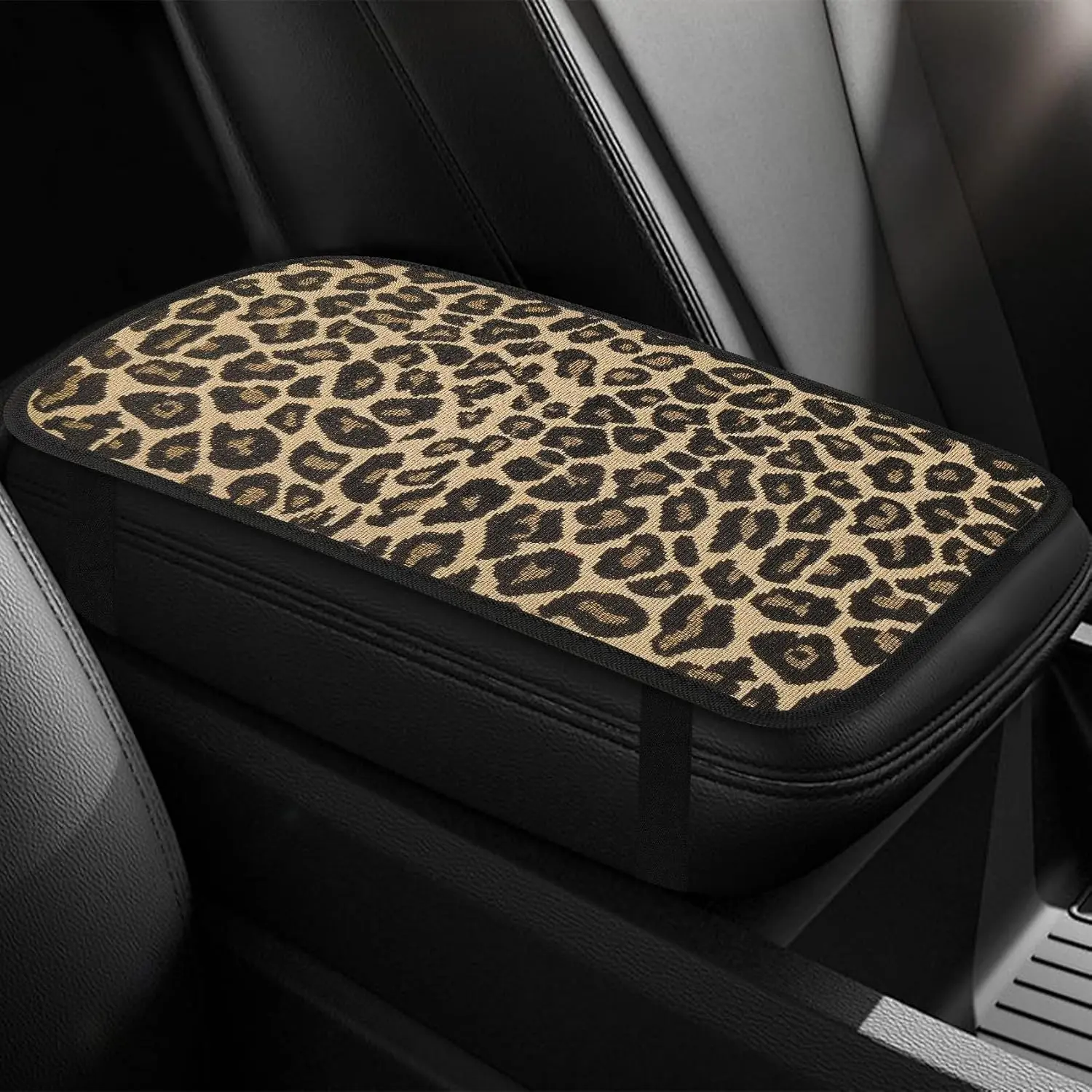 Black Leopard Print Car Center Console Armrest Cover Pad - 31x19.5cm Soft Elbow Support Auto Interior Accessory, Strap-Fixed Easy-Install Scratch Guard with Personalized Decoration for Most Cars