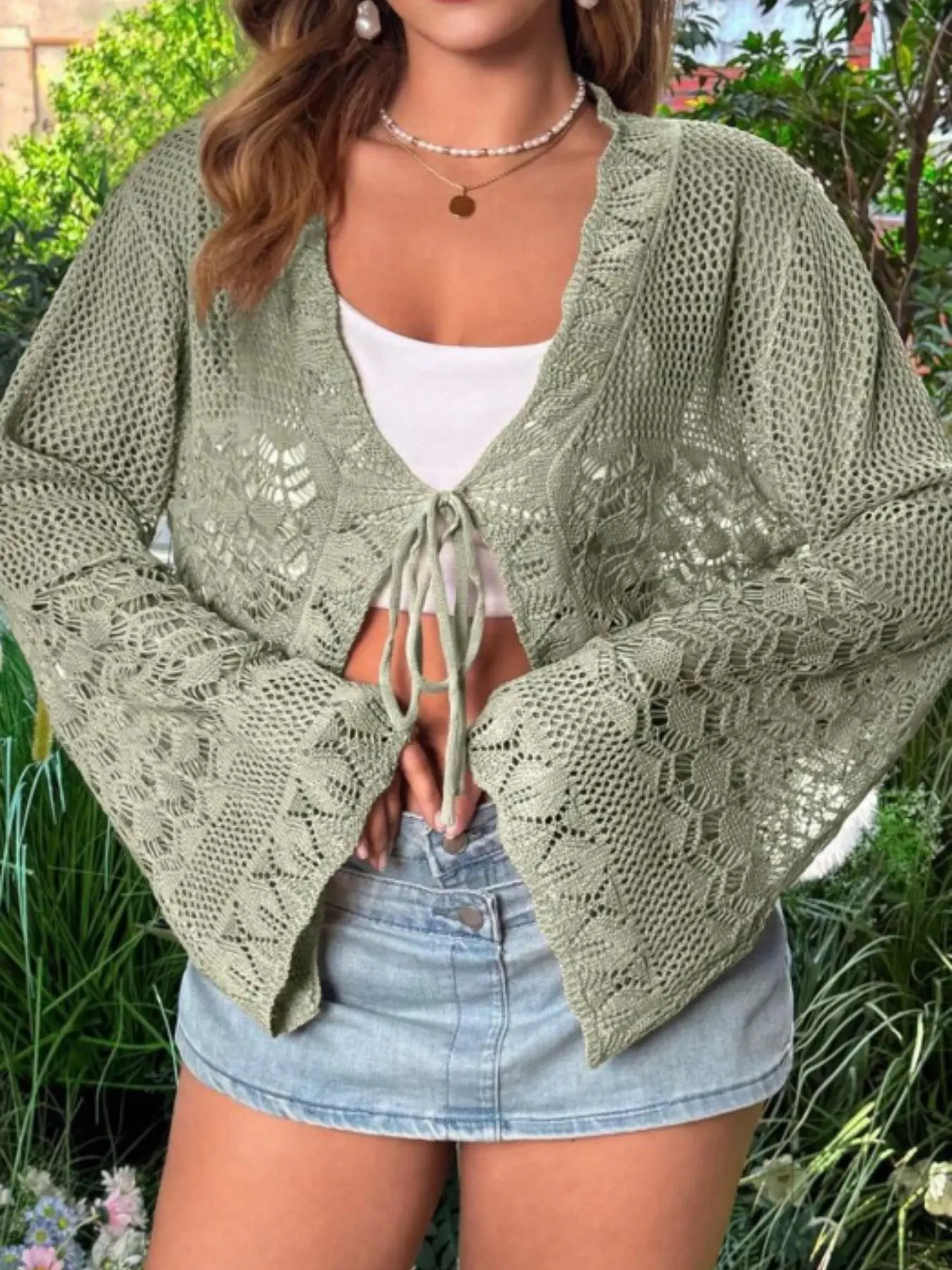 Large Size Solid Color Fashion Bow Open Edge Short Shawl, Crochet Knitwear, Flared Sleeves, Women's Casual Fall Winter Cardigan, Cardigans Sweaters