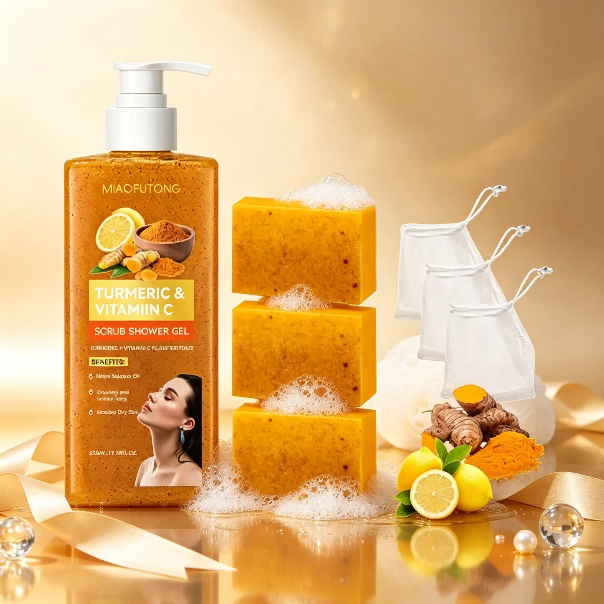Turmeric Vitamin C Exfoliating Shower Gel and Lemon Soap Set, Contains Shea Oil, Rich in Vitamin E, Gentle Cleansing, Moisturizing, Suitable for All Skin Types