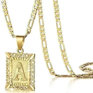 14K Gold Plated Square Capital Monogram Pendant Necklace for Men Women, Initial Letter A-Z Pendant Figaro Chain Jewelry Festivals, Birthdays, and Special Occasions Holiday Gift