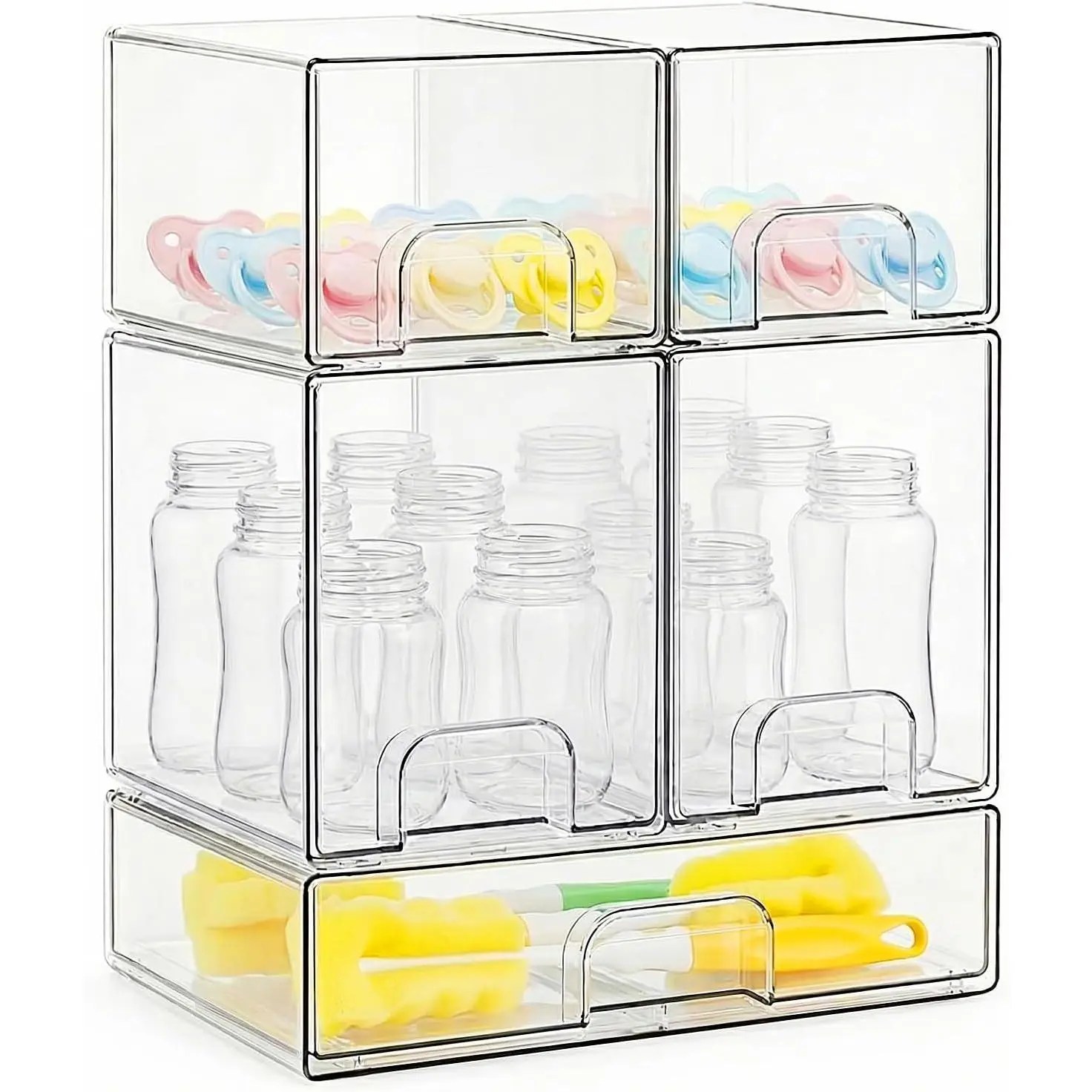 Bottle Storage Organizer Baby, Clear Stackable Storage Drawers Set for Baby Bottle, Beauty Supplies Storage, Ideal for Countertop, Vanity, Bathroom, Cabinet, Pantry Organization, 15.4" H, 5 Pack