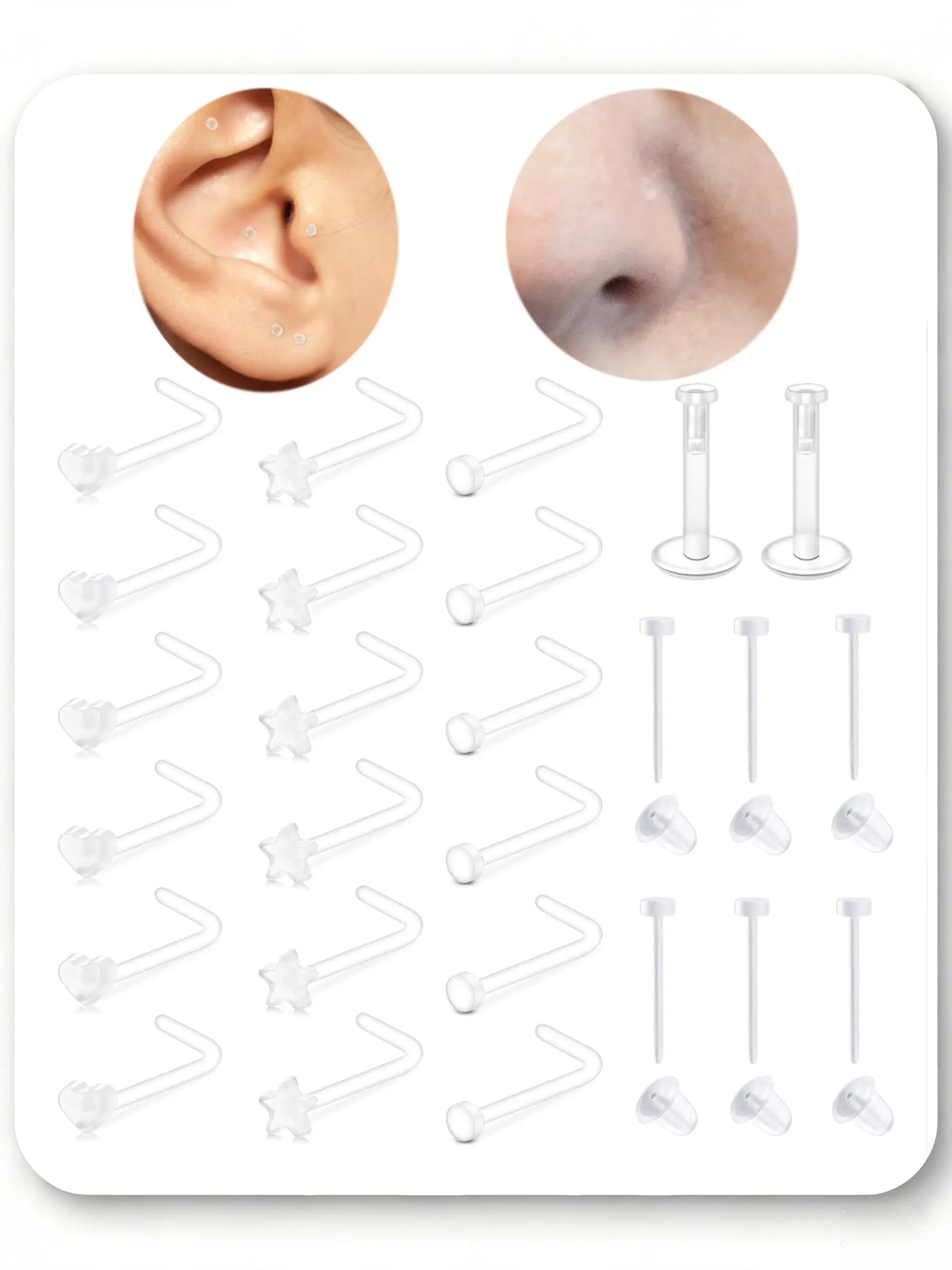 20g 18g Clear Nose Studs Plastic Flat Back Earrings Piercing Retainers for Work Surgery Sport Back to School Small Bioflex Invisible Ear Stud 16g Cartilage Labret Lip Piercing Spacers Retainer