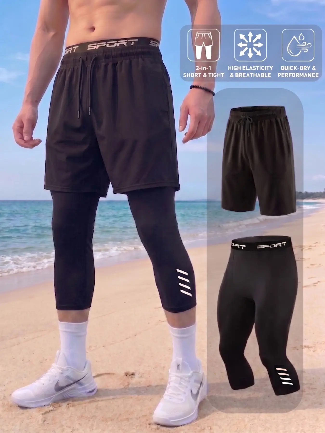 Men's 2-in-1 Sports Shorts with  3/4 Compression Leggings Liner ,Side Pockets and adjustable Drawstring.Breathable Quick-Dry Gym Training Weightlifting Running Jogging Workout Capris Athletic Compression Shorts.