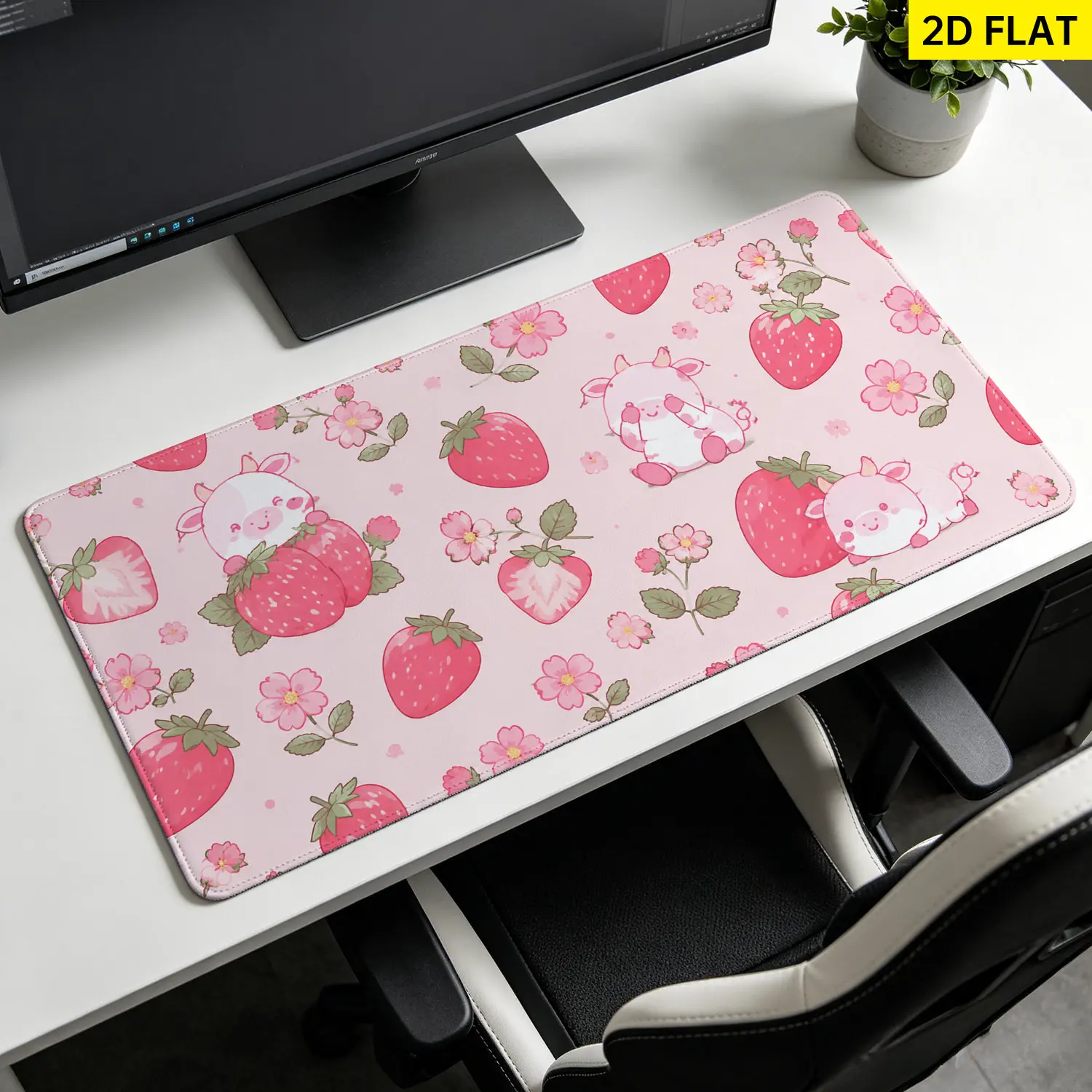 Extra Large Cute Strawberry Cow Floral Mouse Pad, Non Slip Rubber Pad, Desktop Decoration Drotection Pad, Washable, Lock Edge Multi Size, Premium Multipurpose Mousepad For Home, Office, Gift for Family and Friends