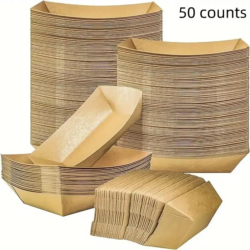 Disposable Food Trays, 50pcs Kraft Paper Food Tray, Heavy-duty Paper Food Basket, Suitable for French Fries, Corn Chips, Snacks, Hot Dogs, Popcorn, Parties, Picnics, Weddings, Festivals