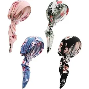 Women’s 4-Pcs Pre-Tied Chemo Turban Scarf Set, Soft Polyester Female Head Covers, 1-Size Everyday Wear for Cancer Patients, Valentine’s Gift