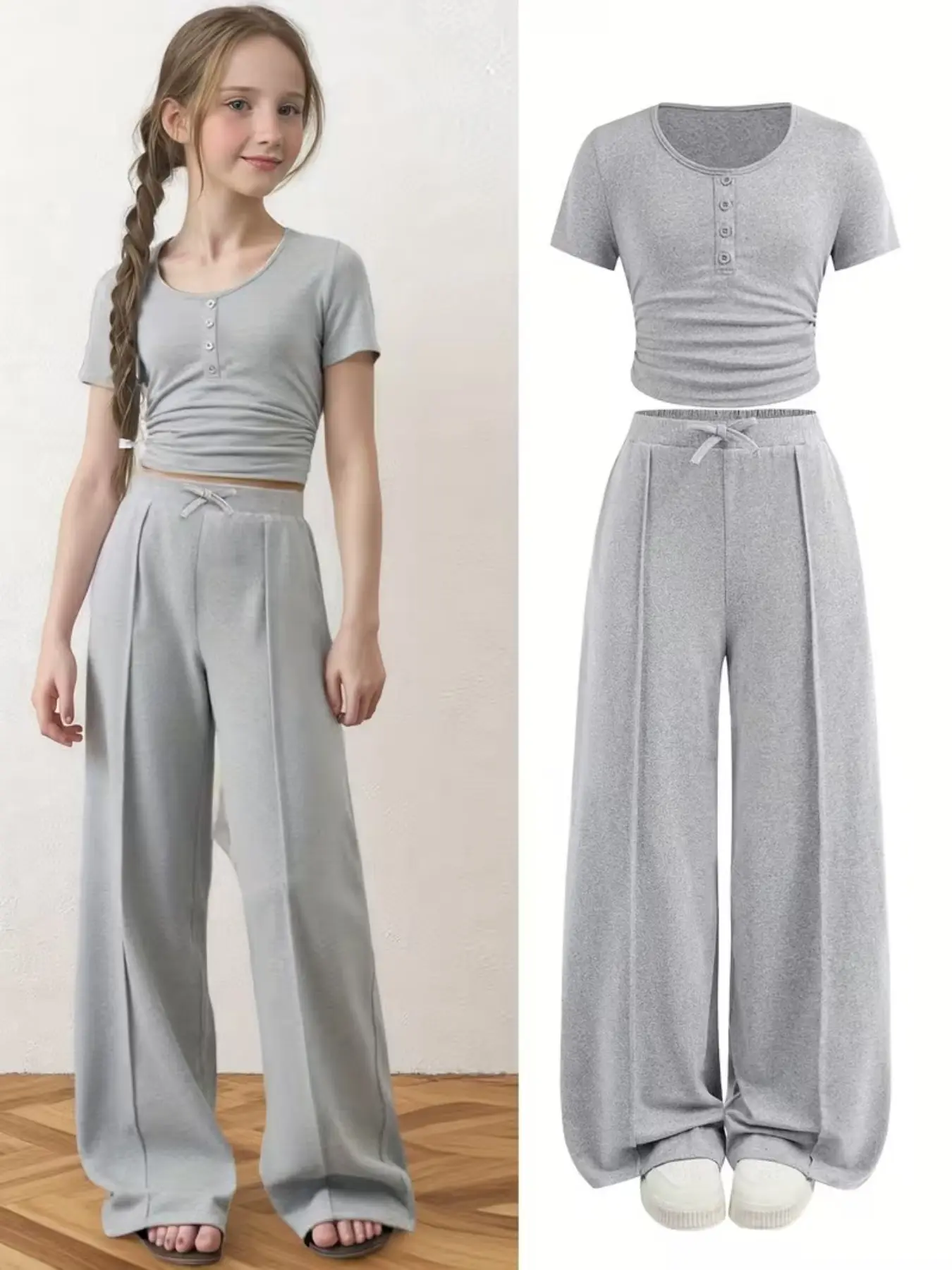 2-Piece Basic Girls Clothes, Henley 4 Buttons Ruched Crop Top, Drawstring Adjustable High Waist Wide Leg Pants, Loose-Fitting Casual Set for School & Daily Wear