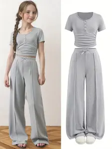 2-Piece Girls, Henley 4 Buttons Ruched Crop Top, Drawstring High Waist Pants, Loose-Fitting Casual Set for School & Daily Wear
