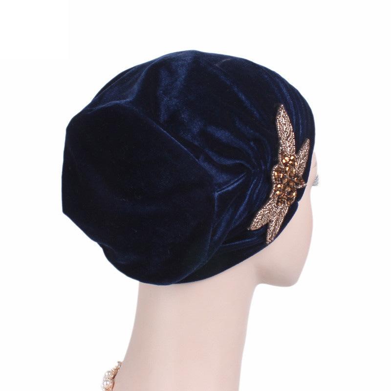 Velvet Pleated Turban Hat with Beaded Flower, Soft Hair Loss Bonnet for Women