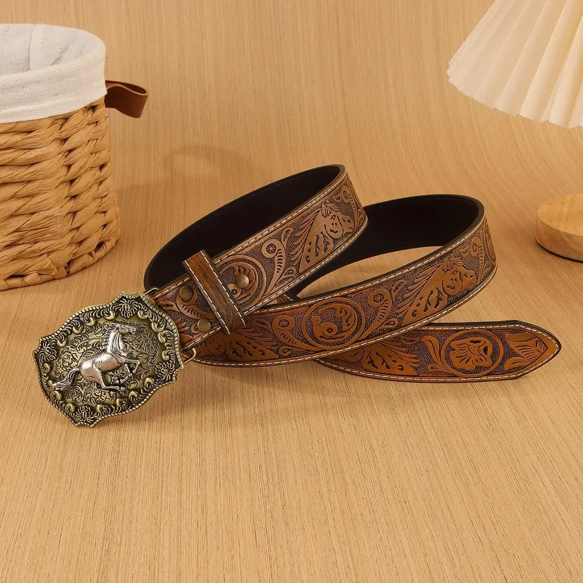 Women's Vintage Western Belt with Floral Embossed Design and Horse Buckle, Versatile Everyday Fashion Accessory for Jeans, Belts