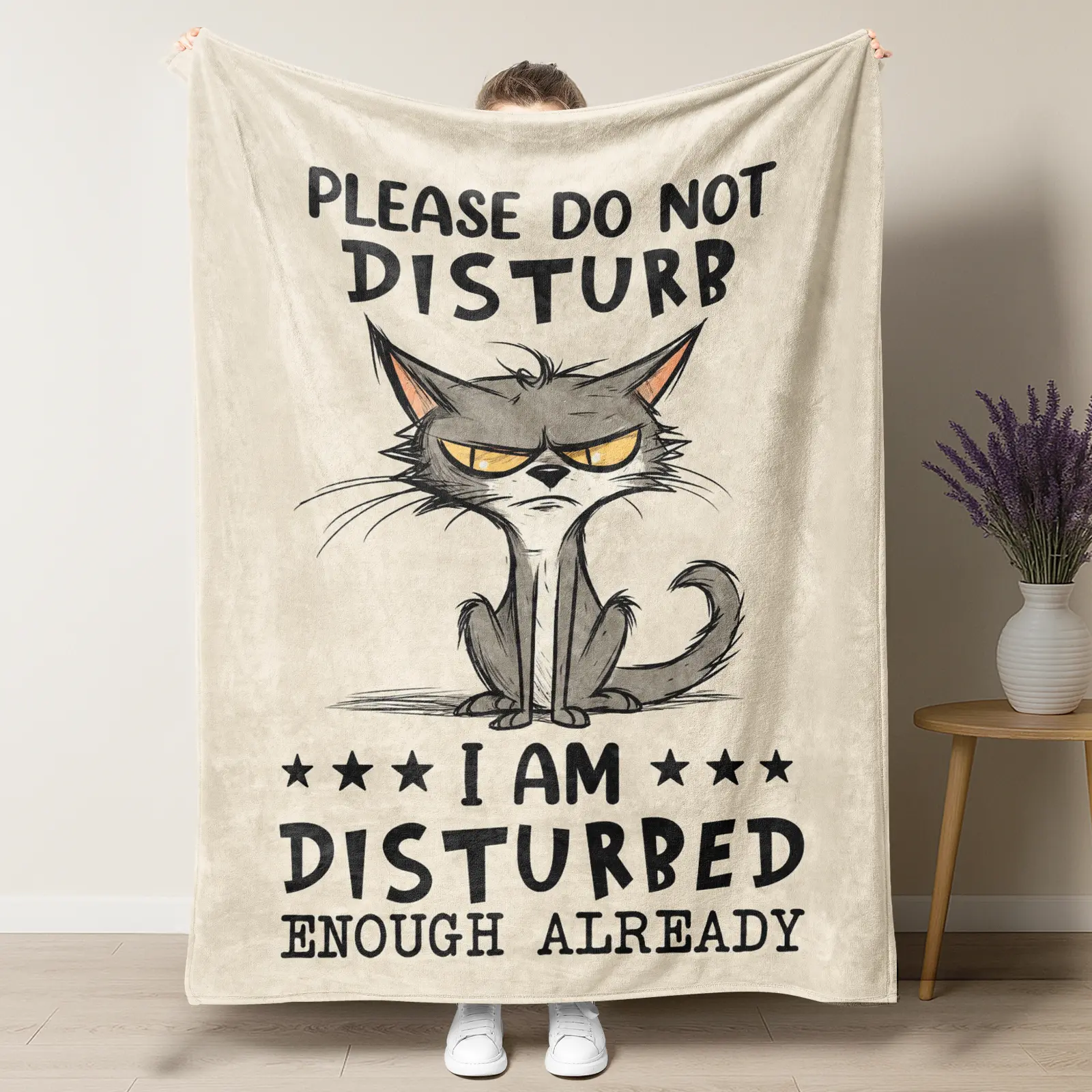 Funny Grumpy Cat Throw Blanket - 'Please Do Not Disturb I Am Disturbed Enough Already’ - Sarcastic Cat Lover Gift for Women, Men, Introverts - Ultra Soft Flannel Fleece Blanket for Couch, Bed