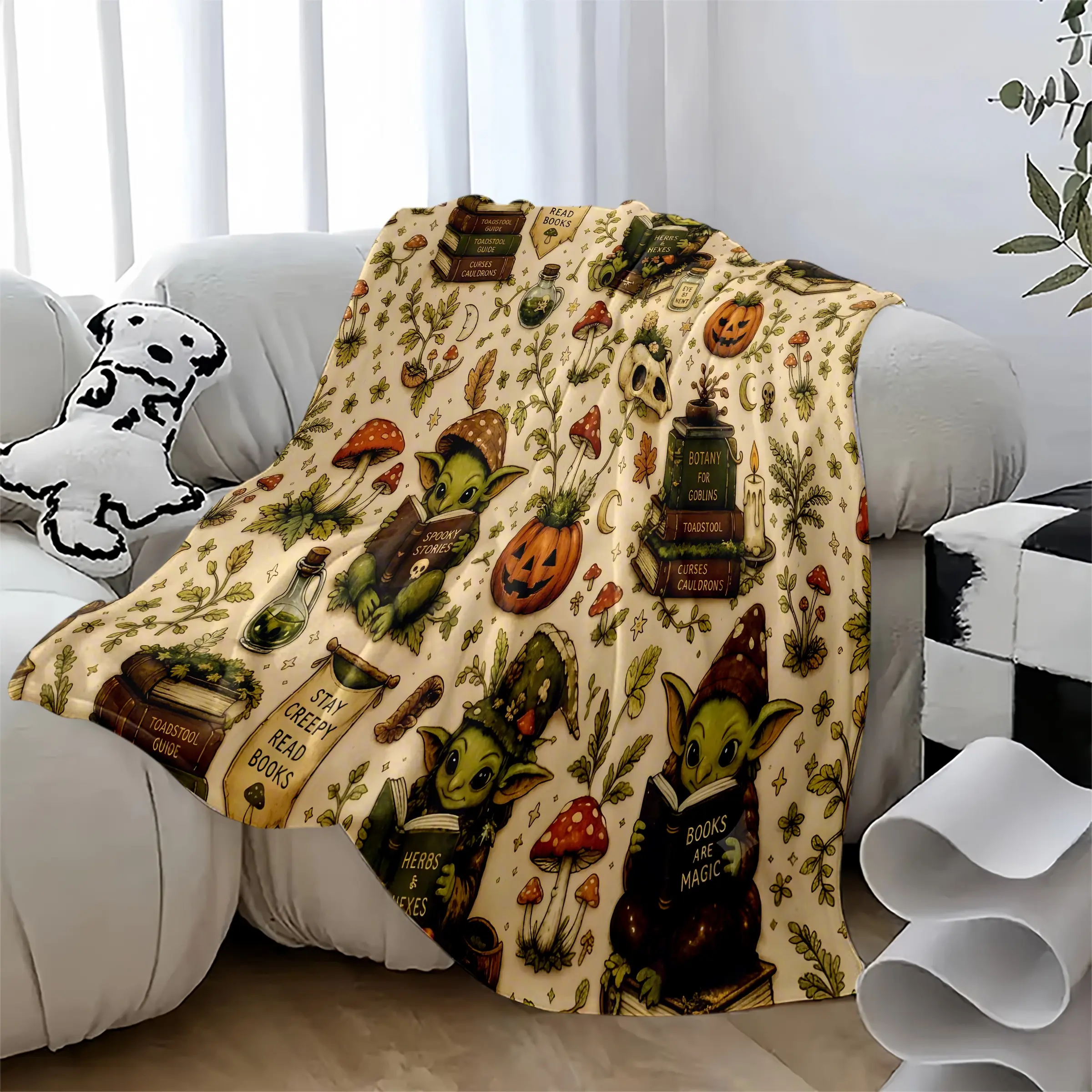 Spooky Bookworm Fleece Blanket, Vintage Cottagecore Goblin Plush Throw, Halloween Pumpkin & Mushroom Soft Flannel, Cozy Book Lover Gift