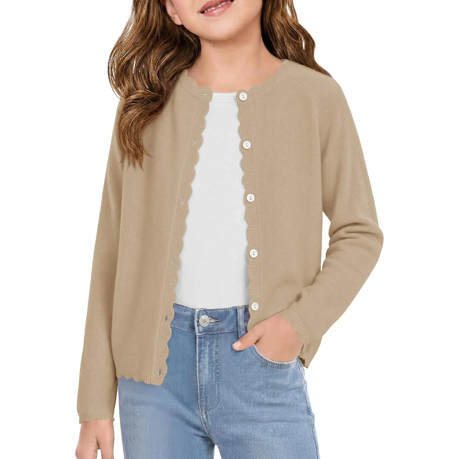 Girls' Long Sleeve Crew Neck Soft Knit Cardigan Sweaters, Scalloped Edge Button-Down Outerwear, Soft Cozy Fabric, School Uniform, Fall Clothes for Kids 5-14Y