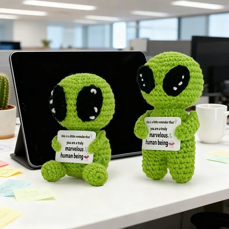 Positive Alien Compact Cotton Crochet Plush with Affirmation Message Card - Handmade Emotional Support Home Decor, Desk Decor, Appreciation Gift for College Graduates