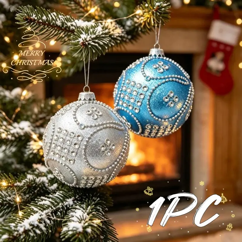 1PC  8cm Foam Glitter Bead Chain Christmas Ball, Handmade Beaded Ornament, Festive Tree Decoration, Holiday Decorative Accessory
