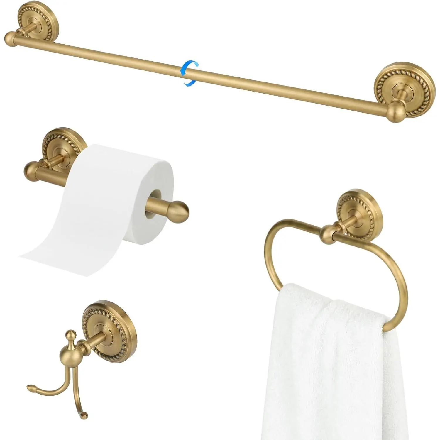 Antique Brass Bathroom Hardware Set, 4 count  Brass Bathroom Kit Accessories Sets Includes 24-inch Towel Bar, Towel Ring, Robe Hook & Toilet Paper Holder, Wall Mounted