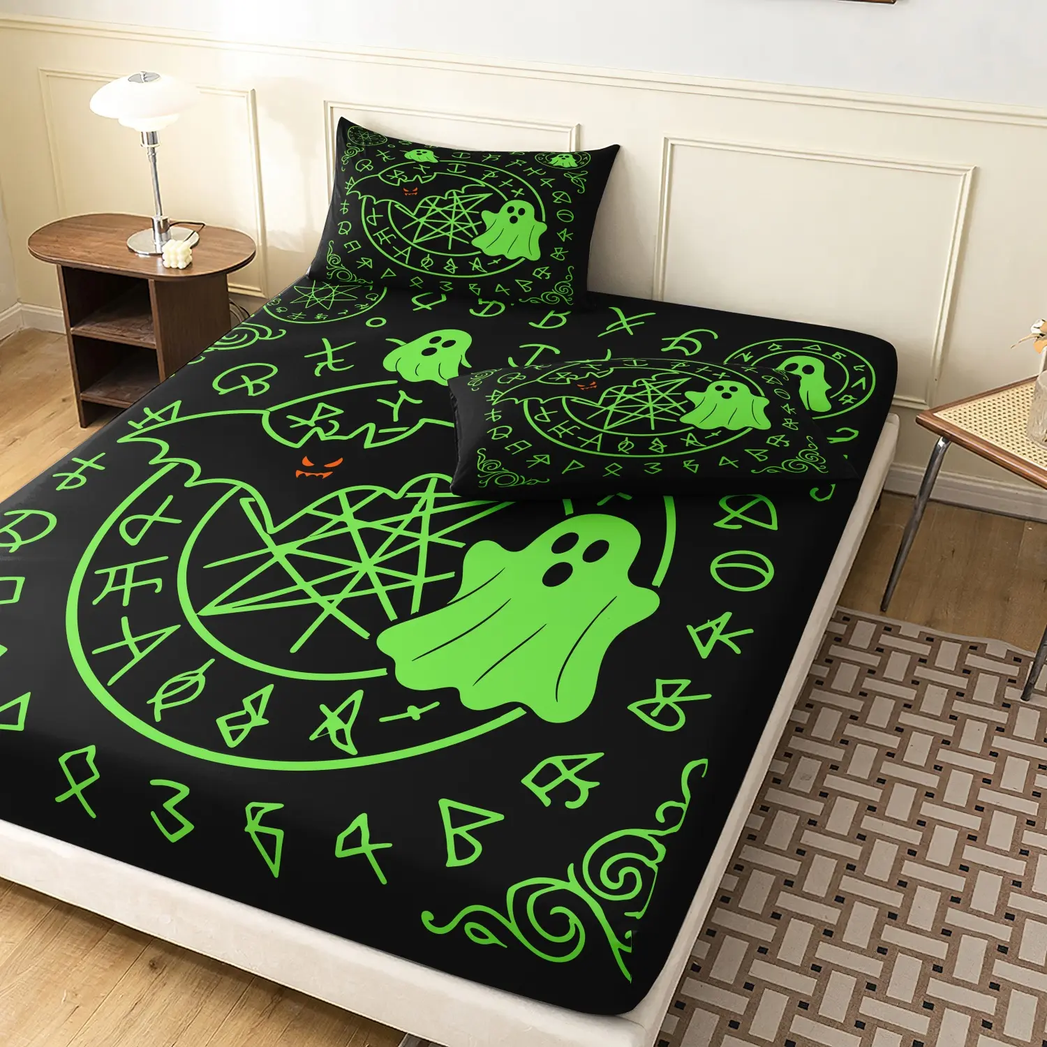 3 Pieces Black Green Ghost Pentagram Print Fitted Sheet Set, Gothic Mystical Symbol Spooky Halloween Print Bedding, Soft Microfiber Dark Aesthetic Bedroom Decor (1 Fitted Sheet + 2 Pillowcases, No Pillow)