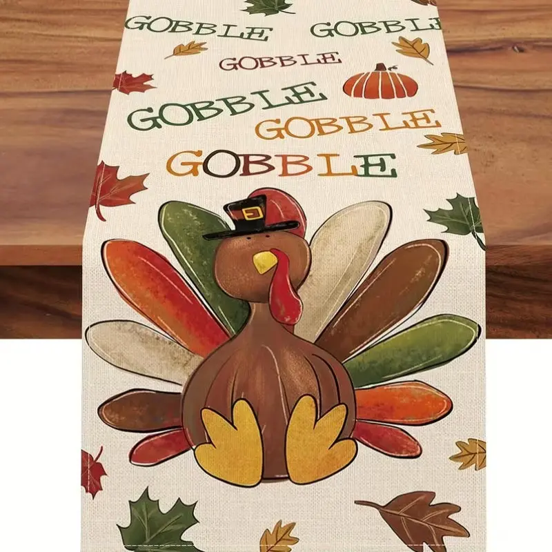 1pc, Thanksgiving Turkey Gobble Table Runner, Fall Pumpkin Maple Leaves Farmhouse Kitchen Dining Table Decor, Autumn Holiday Burlap Home Decoration Indoor Outdoor Party Supply, 13 x 48, 13 x 72, 13 x 108