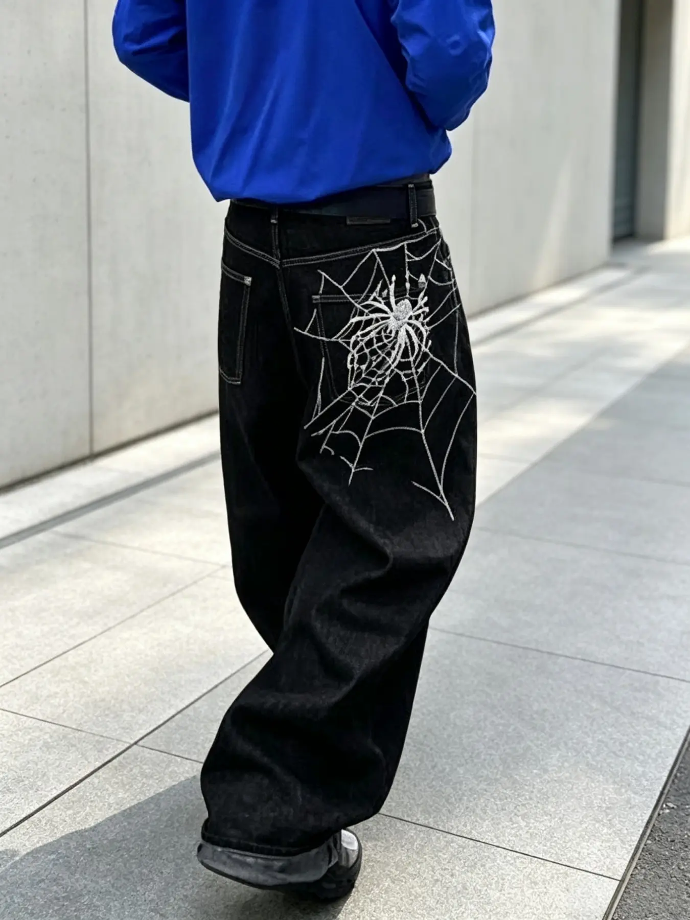 Men's American High Street Wide-Leg Jeans, Trendy Spider Web & Embroidery, Washed Loose Straight Casual Long Pants
