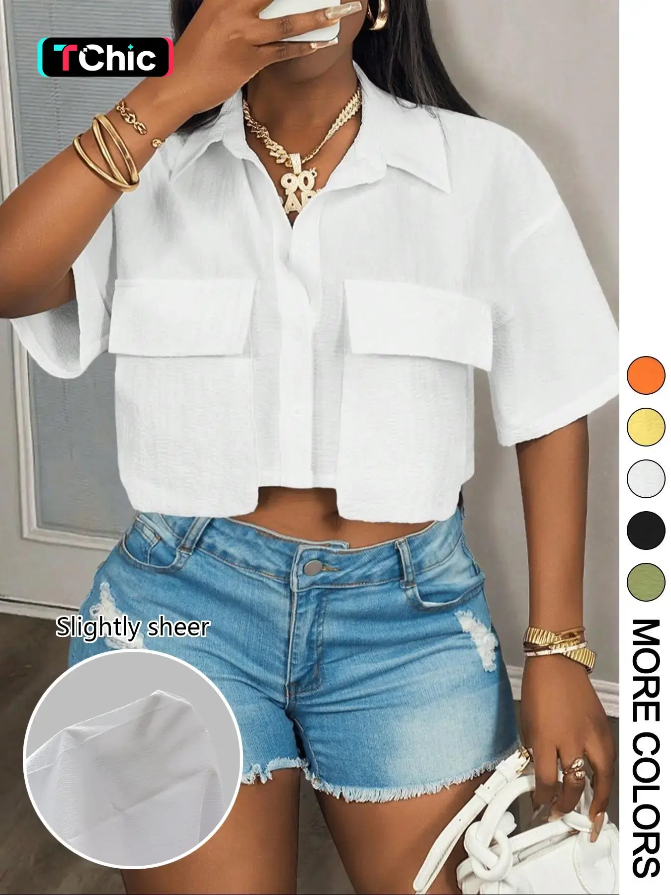Women's Solid Color Short Sleeve Shirt Blouses, Casual Elastic Pocket Design Crop Top for Summer, Women's Clothing for Daily Wear, Womenswear