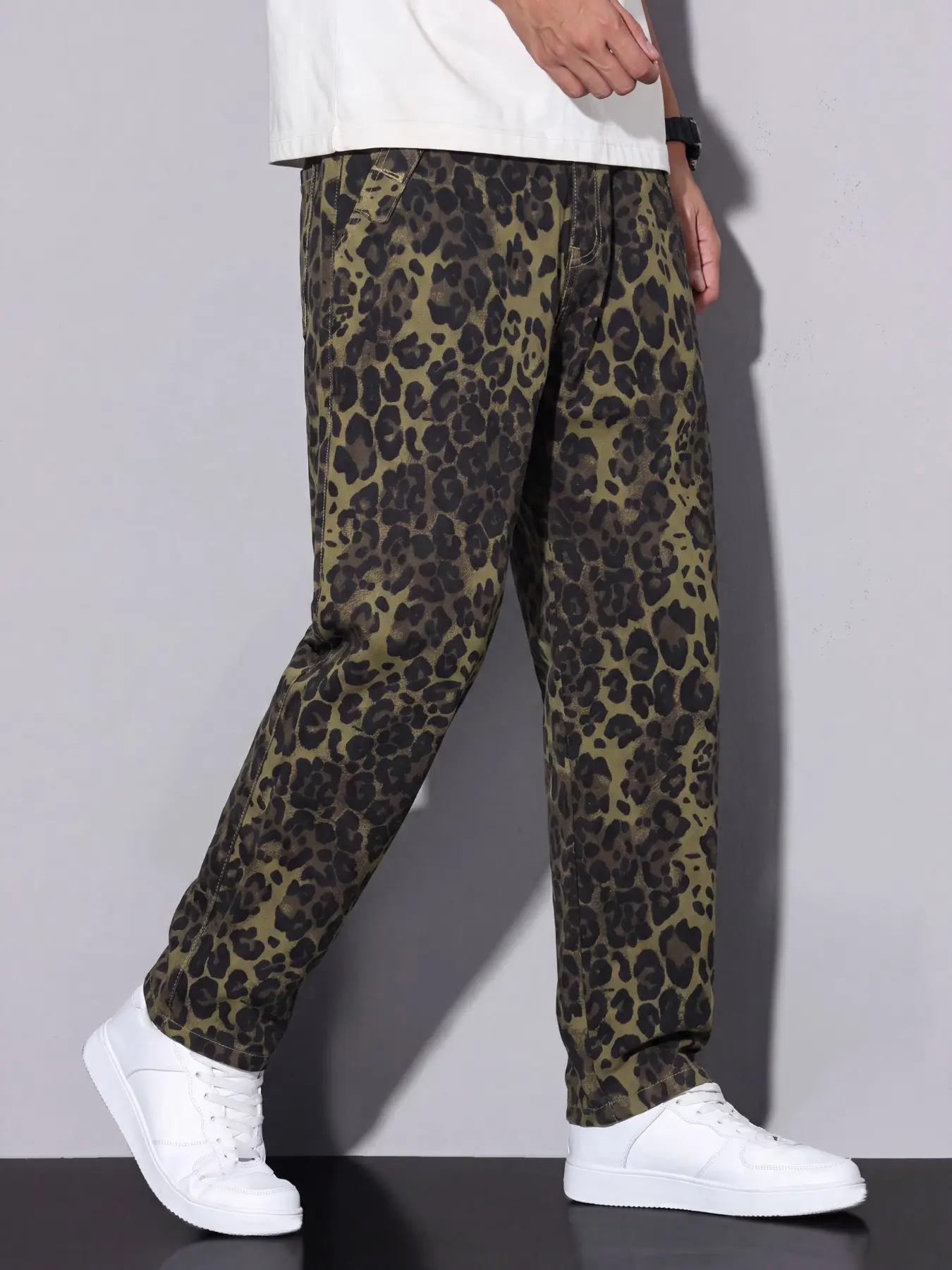 Men's Vintage Military Leopard Print Jeans, Fake Pockets, Loose Fit, Straight Leg, Casual Streetwear, Mid Waist, Zipper Fly
