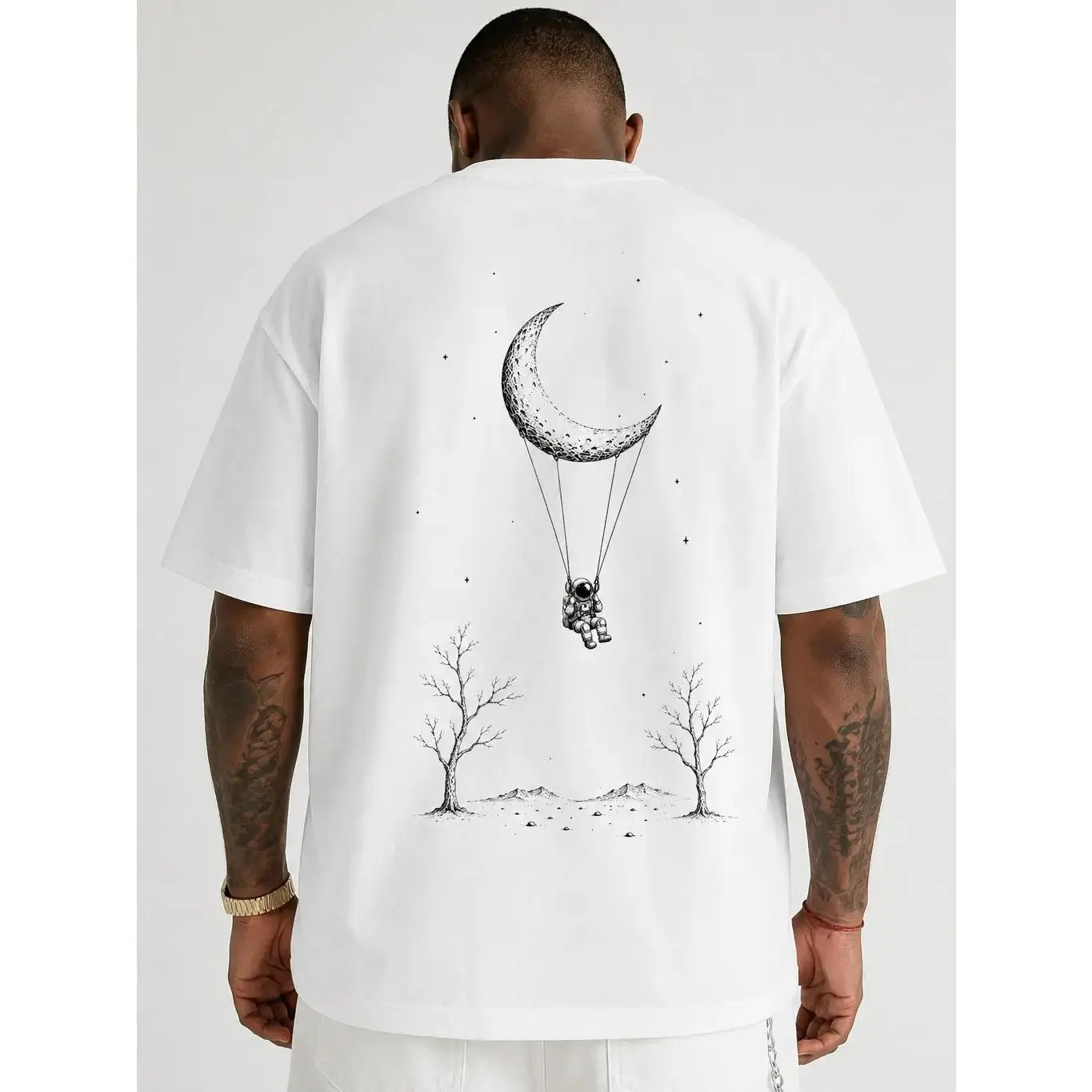 Men's Oversized Graphic T-Shirt with Astronaut Moon Print, Casual Streetwear Short Sleeve Round Neck Top