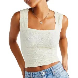Women's Square Neck Wide Strap Crop Tank Tops Slim Fit Lettuce Trim Cami