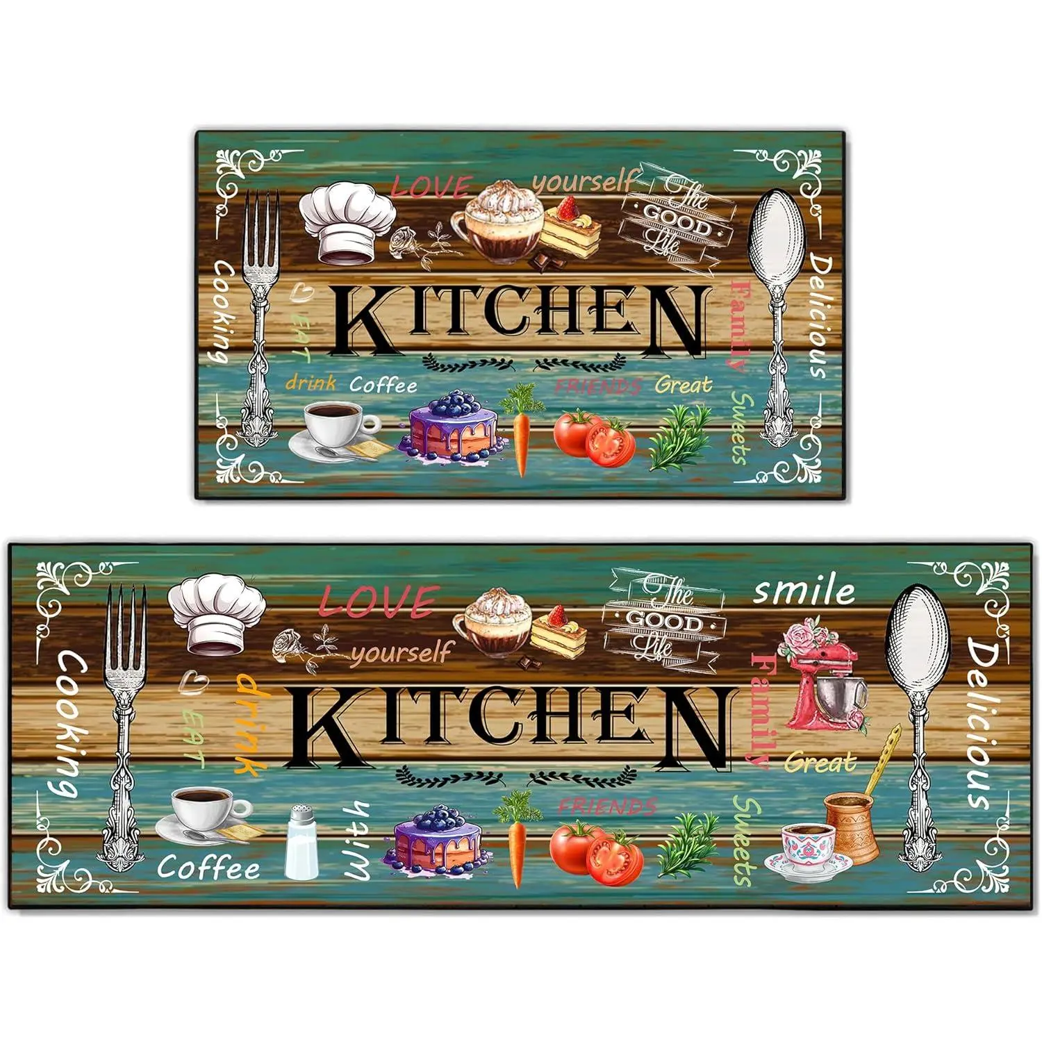 2-Piece Farmhouse Rustic Vintage Kitchen Floor Mats Set, Teal Home Decor Floor Covering, Absorbent Washable Non-Slip Rugs (17x30in + 17x47in), Minimalist Print