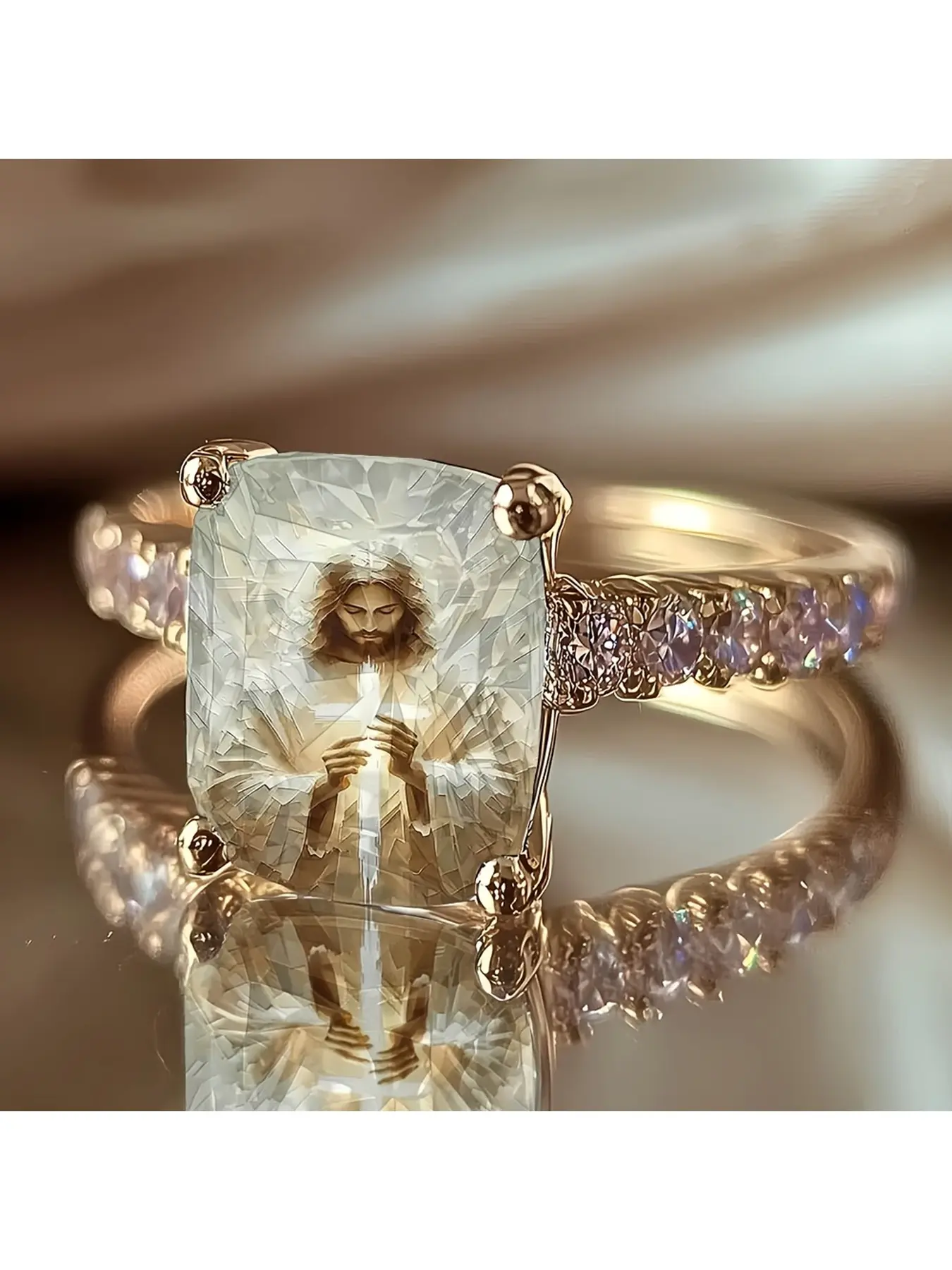 Vintage lady's cross-shaped ring featuring Jesus. Crystal-like texture of the Jesus figure. Religious belief, blessing, commemoration. Suitable for daily gifts or decorations. Jewelry for religious devotion.