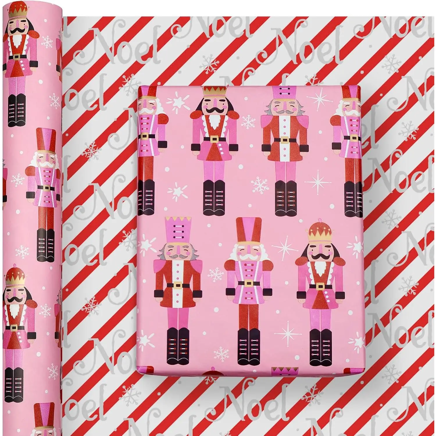 Reversible  Christmas Wrapping Paper Roll – 17 in x 32.8 ft   Wrap with Nutcracker &  Stripe Design,  for Samll Medium  Sizes