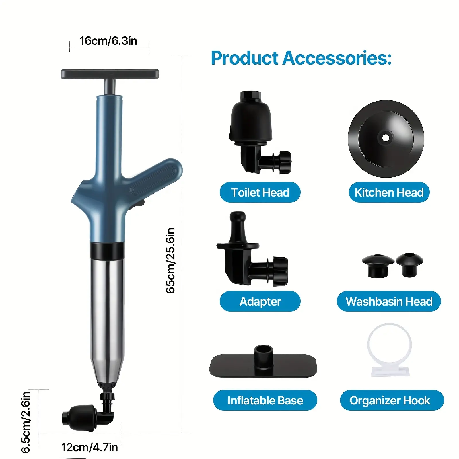 Toilet unclogger, high-pressure pneumatic drain unclogger, sink unclogger with real-time pressure indicator, powerful stainless steel pipe unclogger, suitable for toilet, sink, and floor drain blockages--no batteries required