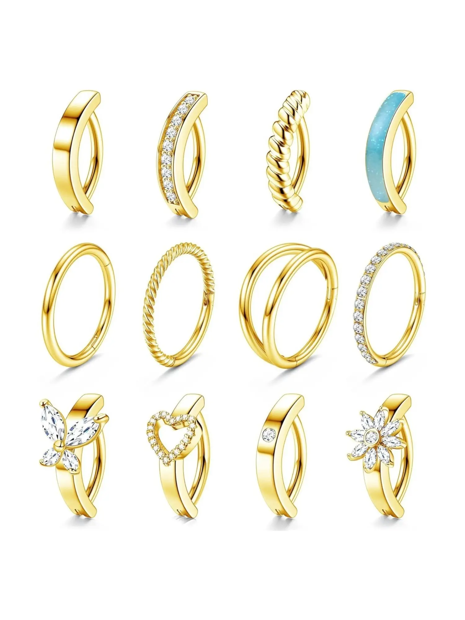 12 Pcs Fashionable Golden Belly Button Rings Stainless Steel Bar Navel Rings for Women Mixed Minimalist Plain Hoops Twisted Bands CZ Encrusted Styles Opal Inset Rings Decorative Butterfly Heart Floral Navel Rings Stylish Body Jewelry for Summer