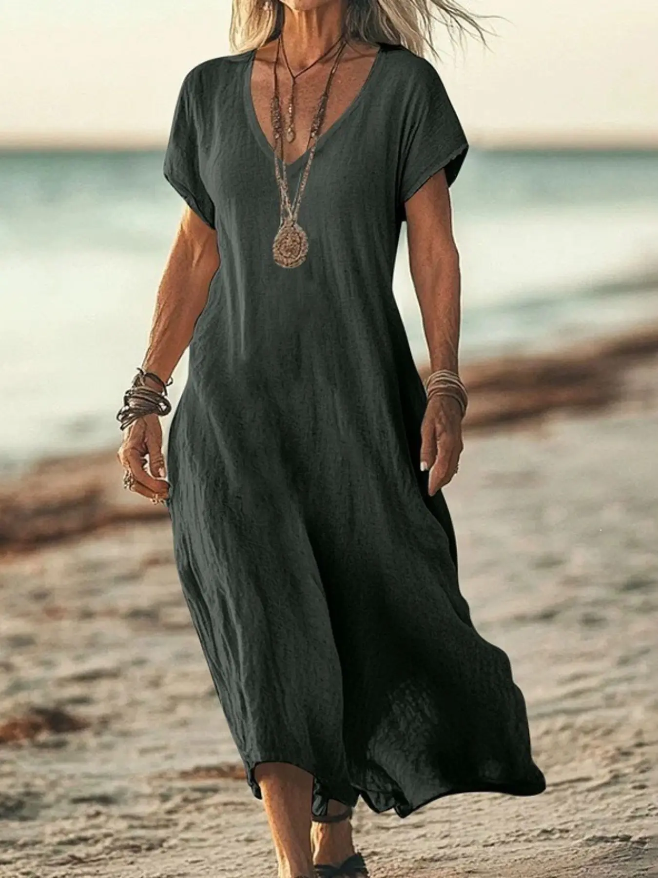 Women's V Neck Maxi Dress, Casual Loose Fit, Short Sleeve Flowy Beach Sundress, Beachwear, Lightweight Summer Vacation Dress, Boho Bohemian Resort Wear, Holiday Travel