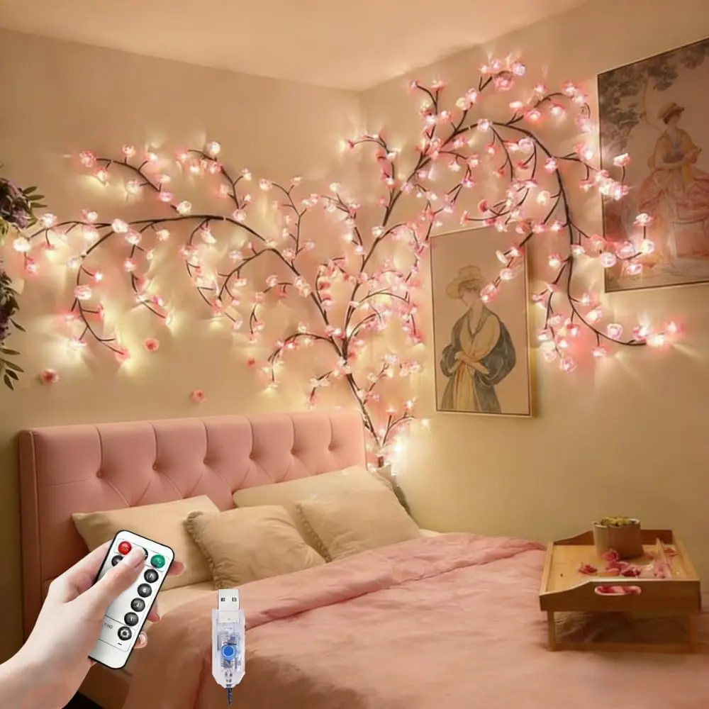 Ambient Dimmable LED Cherry Blossom Fairy String Lights - 4 FT 48 LED Indoor Lighting, 2026 New Remote with Timer Control, 8 Lighting Modes, Fairy Aesthetic Wall Decorations, Romantic Gift for Her